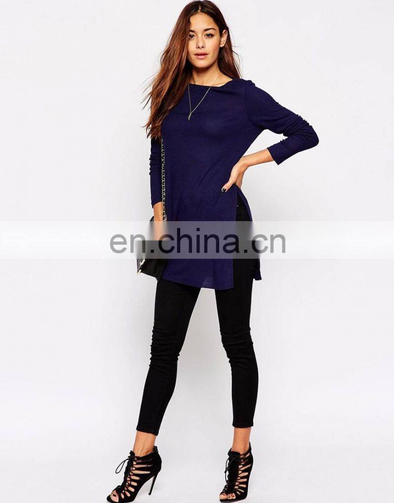 Purple color woman long sleeves spring knitted blouse with side split