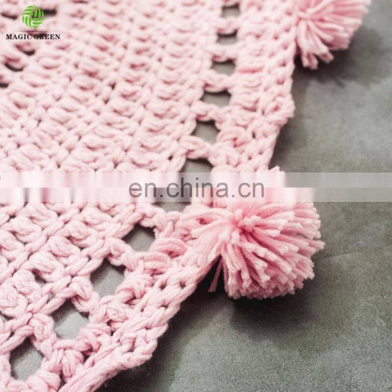 wholesale cotton round shape pom pom decor hand crochet baby kids living room floor game area large nursery rug mat blankets