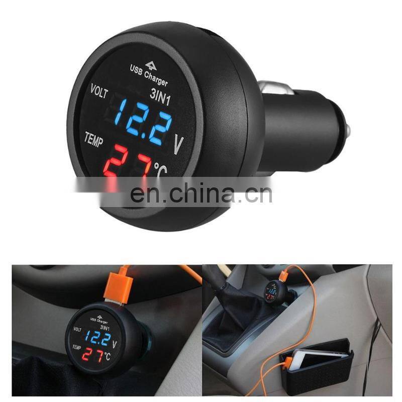 3 in 12/24V Car Auto Monitor Display USB Car Charger For Phone Tablet GPS LED Digital Voltmeter Gauge Thermometer