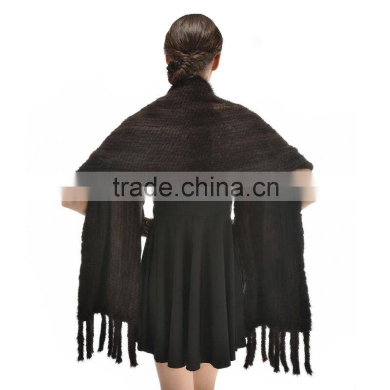 Hot Selling Style 2015 Fashionable Knitted Real Mink Fur Shawl with pockets