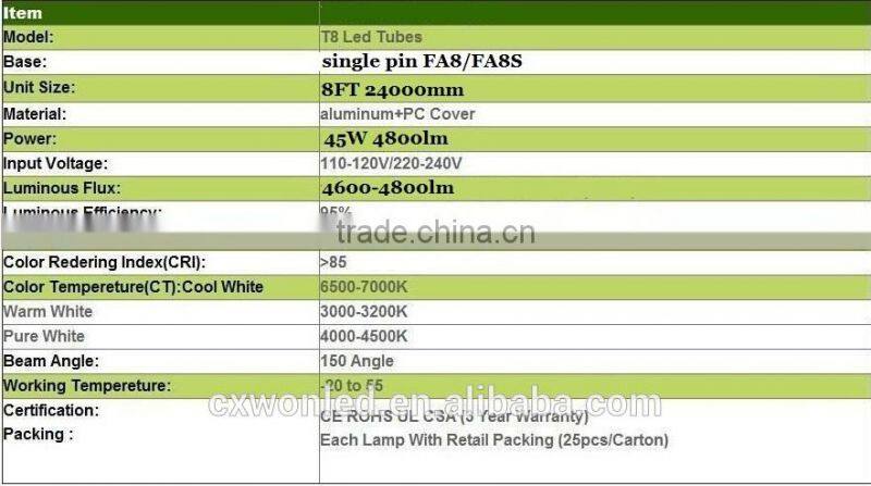 Top level export t8 led tube 8ft one pin