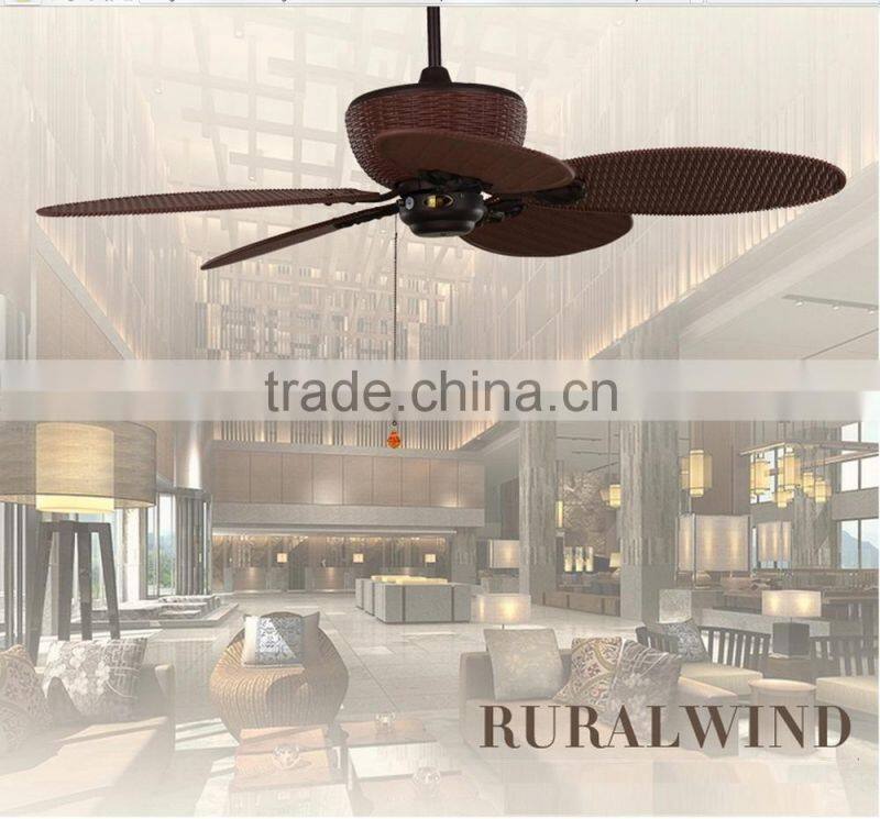 48 inch Ceiling Fan with Five Antique brown Wicker knitted Blades and Light Kit for tropical rainy climate PTSD185