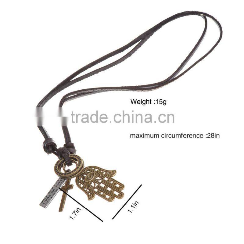 Vintage Genuine Leather Necklace with Antique Brass Hollow Hand Pendant.