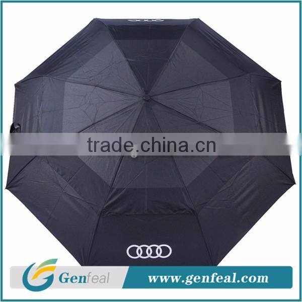 Popular auto open&close windproof glassfiber ribs 3 fold advertising umbrellas for brand promotion