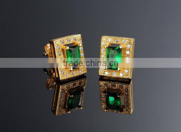 KSTONE 2015 new design 18K gold plated square green big AAA+ cubic zirconia diamond stud earrings for women