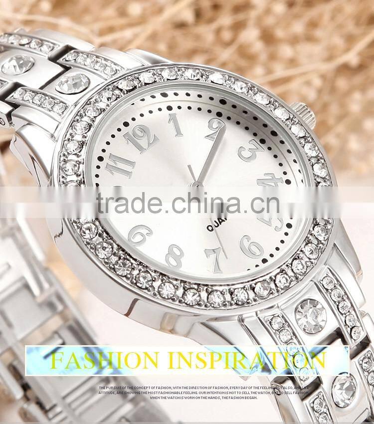 Custom sales alloy promotional wrist watch PC21S movement silver watch With bright stone on the case
