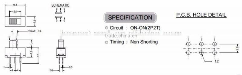 SS22F15 2P2T Vertical Type Slide Switch