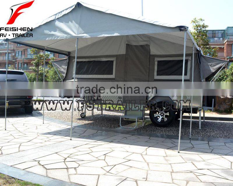 Off-road style foward folding hard floor travel camper trailer with independent suspension and kitchen system