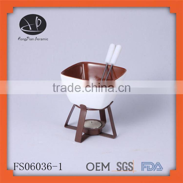 mini ceramic chocolate fondue warmer ceramic cheese fondue set with candle and fork,FDA/SGS/LFGB certification fondue set