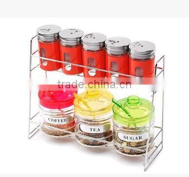 upmarket colorful glass condiment sets with metal stand