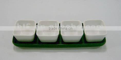 Set of 4 square ceramic snack tray set with wooden tray