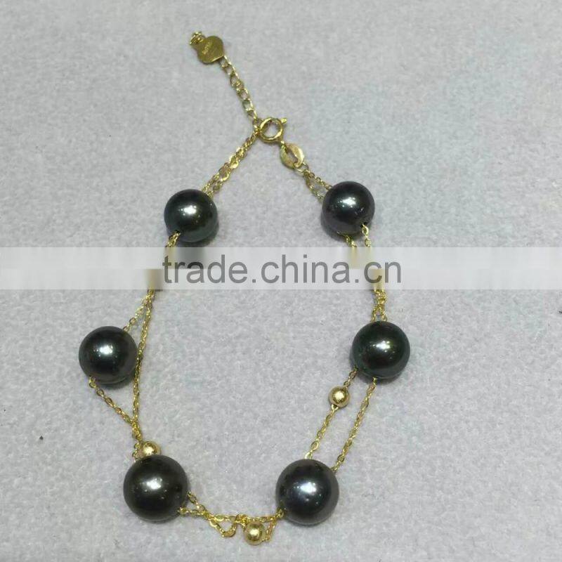AAA 7.5-8mm black Japanese Akoya pearl with gold chain bracelet