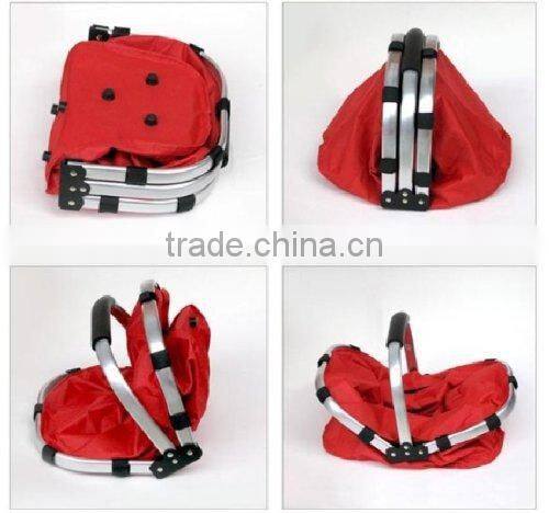 Fabric Lightweight Foldable Picnic Tote Basket, with Collapsible Aluminum Alloy Frame and Inner zippered pocket, red (CBS031)