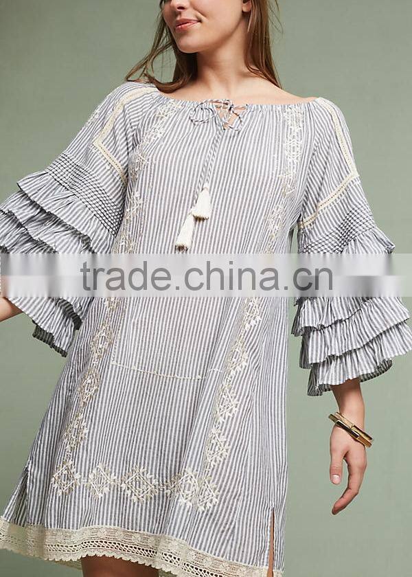 2017 Wome Clothing Dress Boho Ruffled Sleeves Embroidered Shift Names Of Girls Dress HSd5163