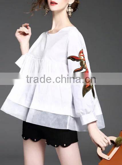 2017 summer newest fashion round neck long sleeve blouse with patch on sleeve