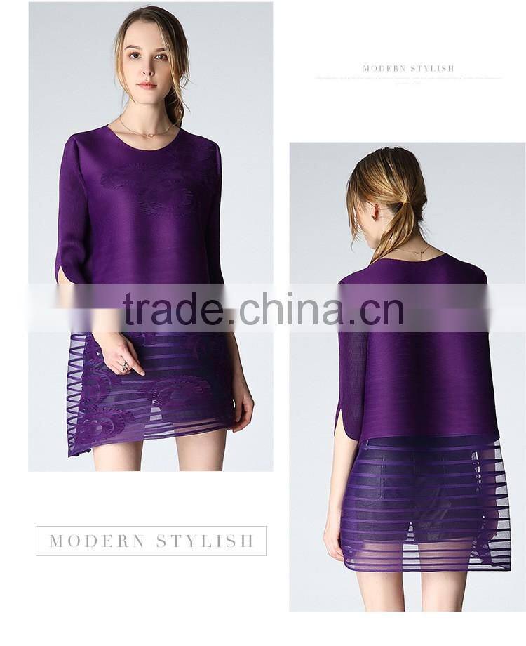 Woman pleat round neck flower splicing loose dresses wholesale