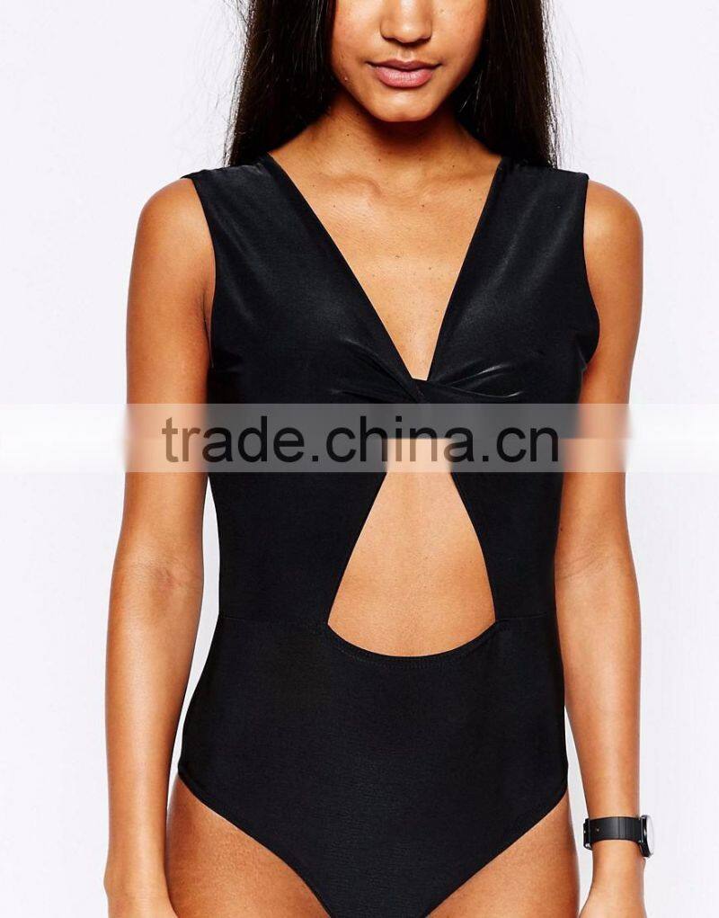Sexy Women Hollow Plain Black Bodysuit With Spandex Cut Out Bodysuit Plain Design Custom Made Ladies Bodysuit