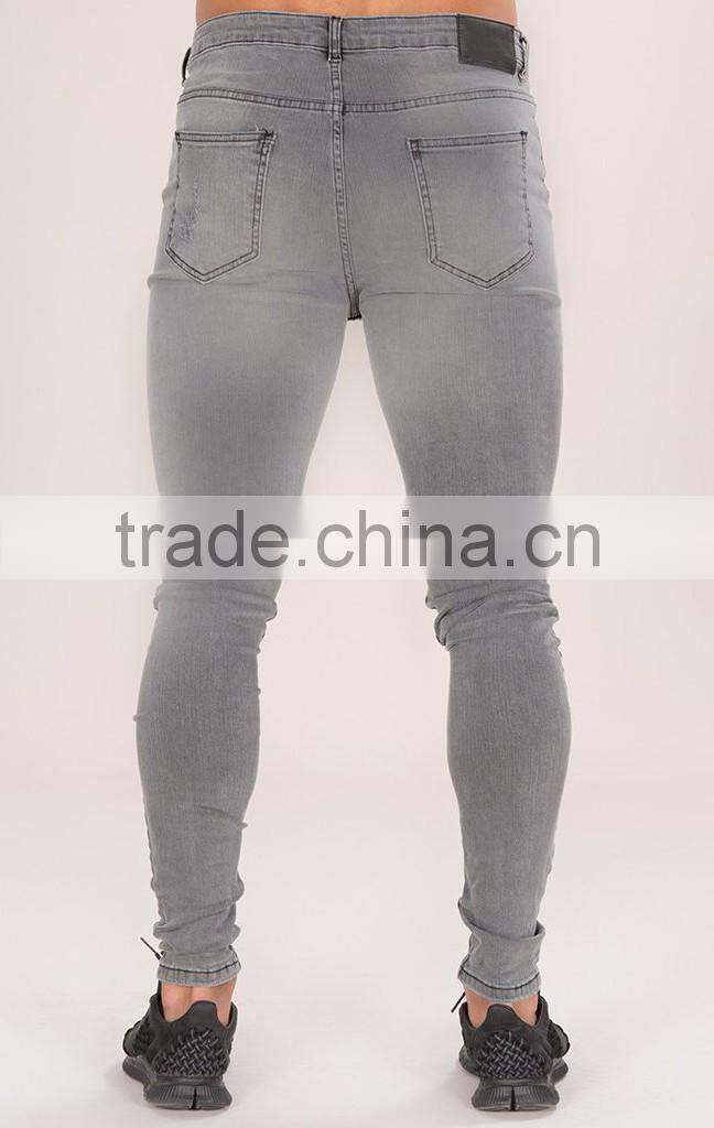 Slim Fit Straight Cut Gray Knee Ripped Acid Wash Low Rise Casual Jeans Trousers for Men