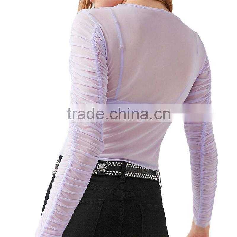 2017 OEM Sheer Minimal-femme Long Sleeves Ruched Fancy Blouse