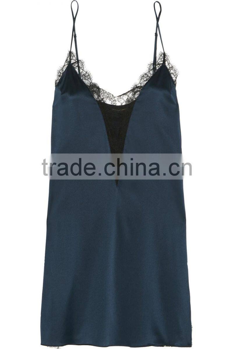 Midnight-Blue Stretch-Silk Satin Sexy Lingerie Sleepwear in Slim Fit for Women