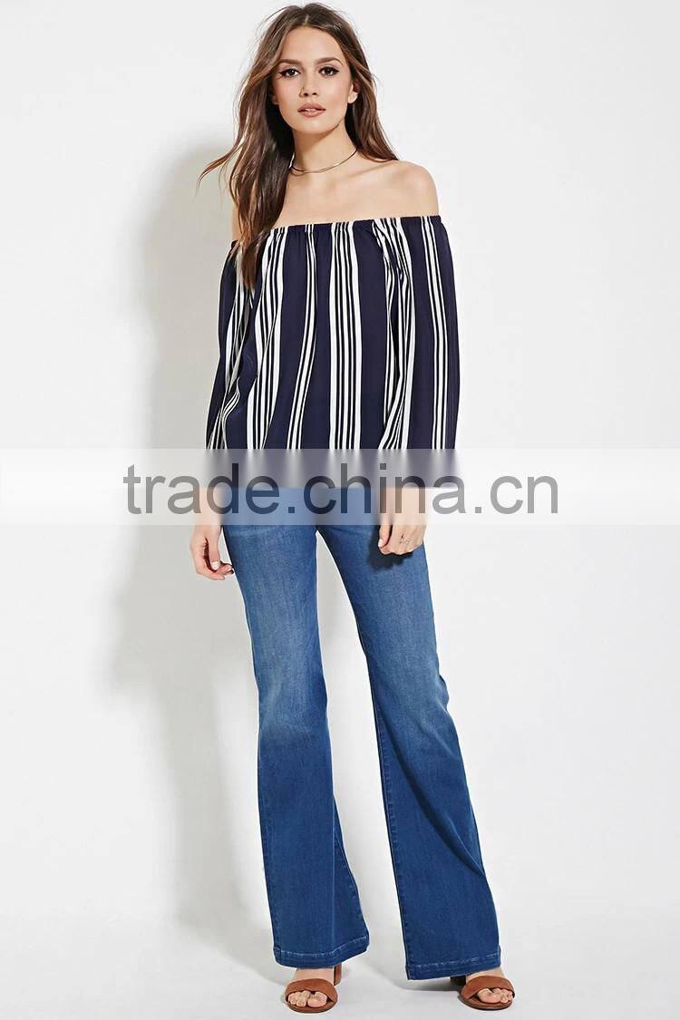 2016 hot sale yarn dyed cotton summer fashion off shoulder long sleeve ready made blouse