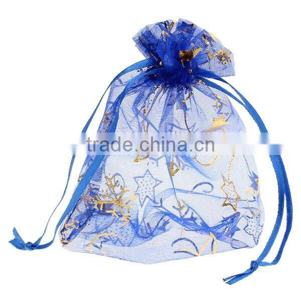 Organza Jewelry Bags Drawstring Rectangle Deep Blue Christmas Tree Snowflake Pattern 14cm x10cm