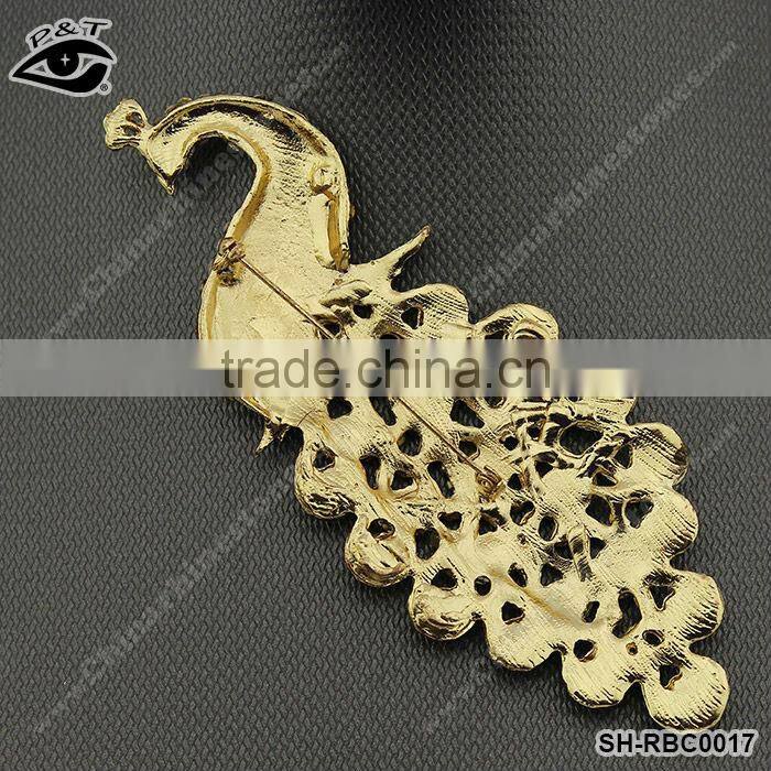 Rhinestone brooches crystal AB golden peacock design for clothing dress