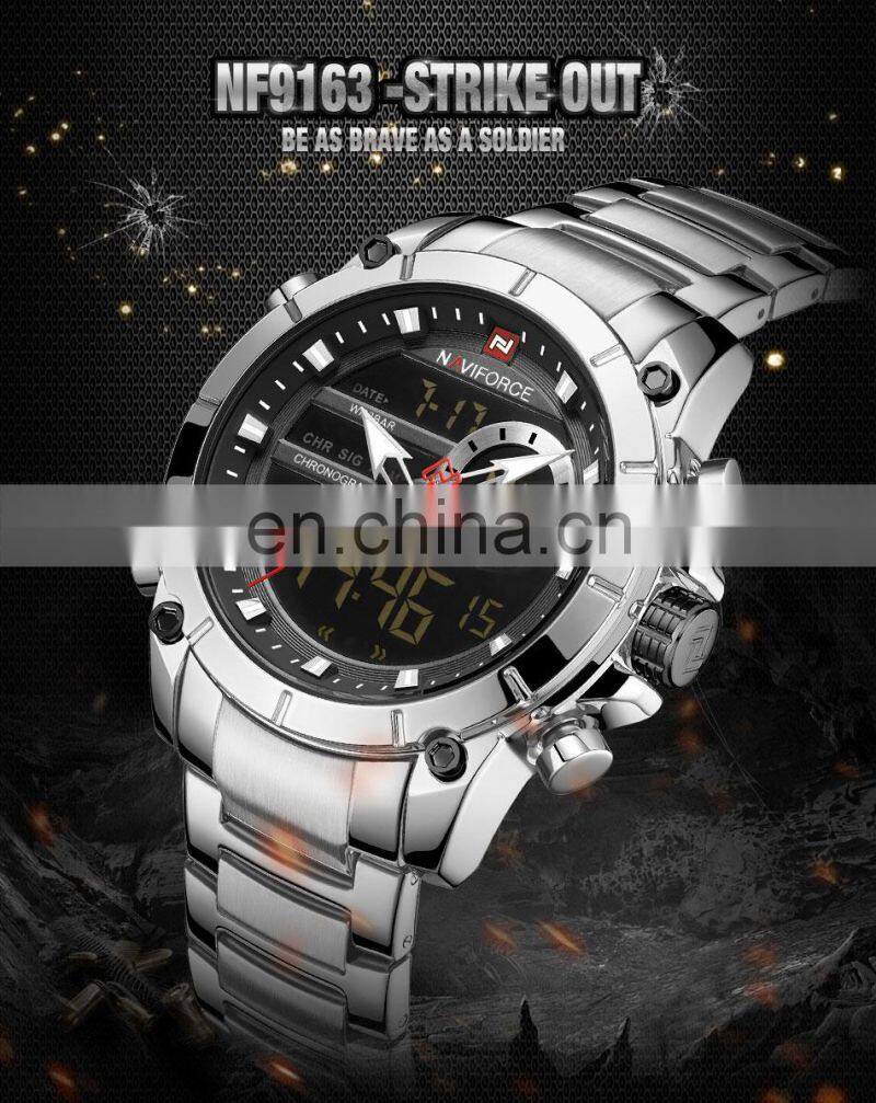 NAVIFORCE 9163 Sport Double Display Quartz Movt Wrist Watch Stainless Steel Luminous 2022 Watches Bling Watches Luxury