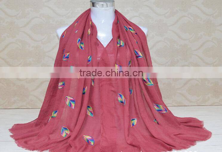 New Style Korea Lady Fashion Cotton 3D Colorful Leaf Embroidery Viscose Shawl