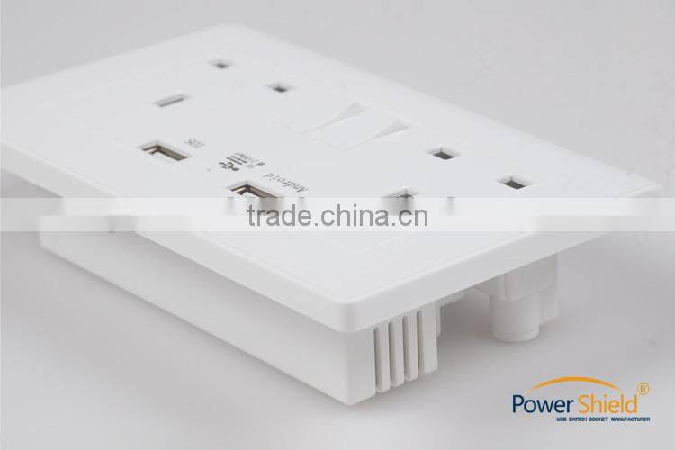 Euro/Britain/England Type G dual AC plugs outlet + double USB ports wall switch socket with CE RoHS approval