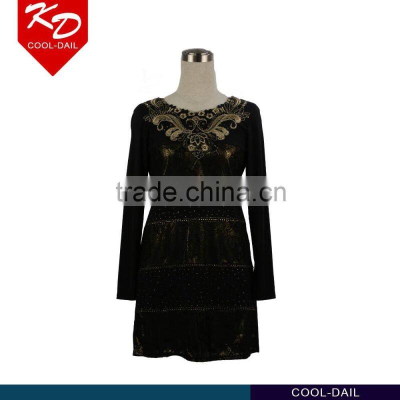 latest new design fashion scoop neck unique studded pattern tiered stud front pleating women dress