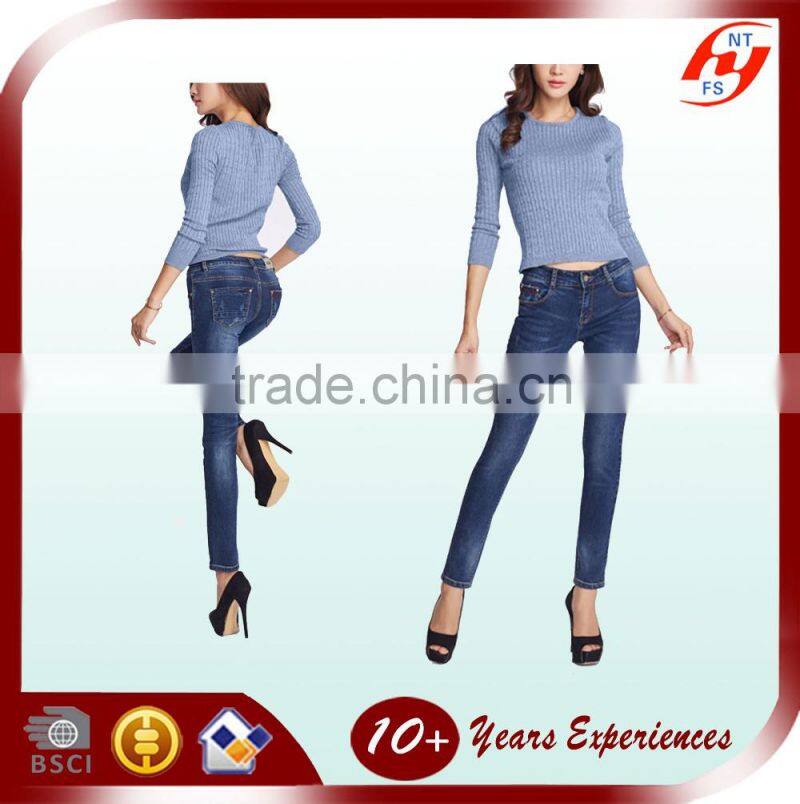 Woman cotton blue stretch skinny jeans high quality pencil pants manufacturer