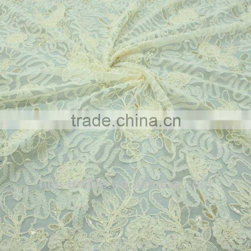 2017 New Apricot Dribbling Sequins Mixed Embroidery Fabric for ZARA Brand Long Dress Textile With High Quality Mesh from China