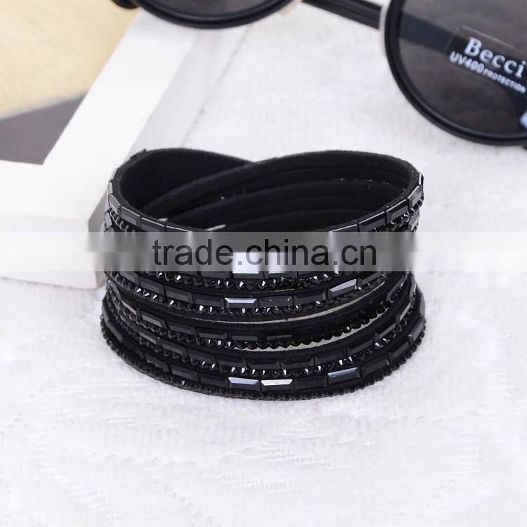 Double Layer Velvet Leather Bracelet with Rhinestone 2016 Velvet Wrap Bracelet