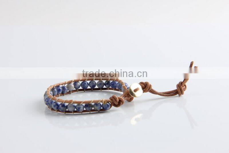 Newest popular white &blue stone leather bracelet woven lap 6 mm wear bracelet all hand needle for women chain bracelet