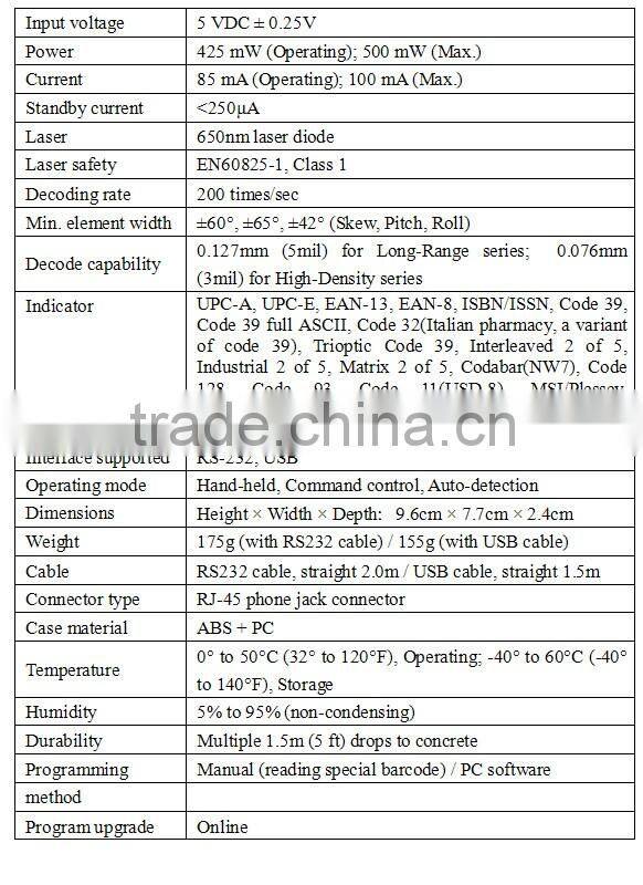 High quality Mindeo FS380 Fixed 1D Laser Barcode Scanner with usb