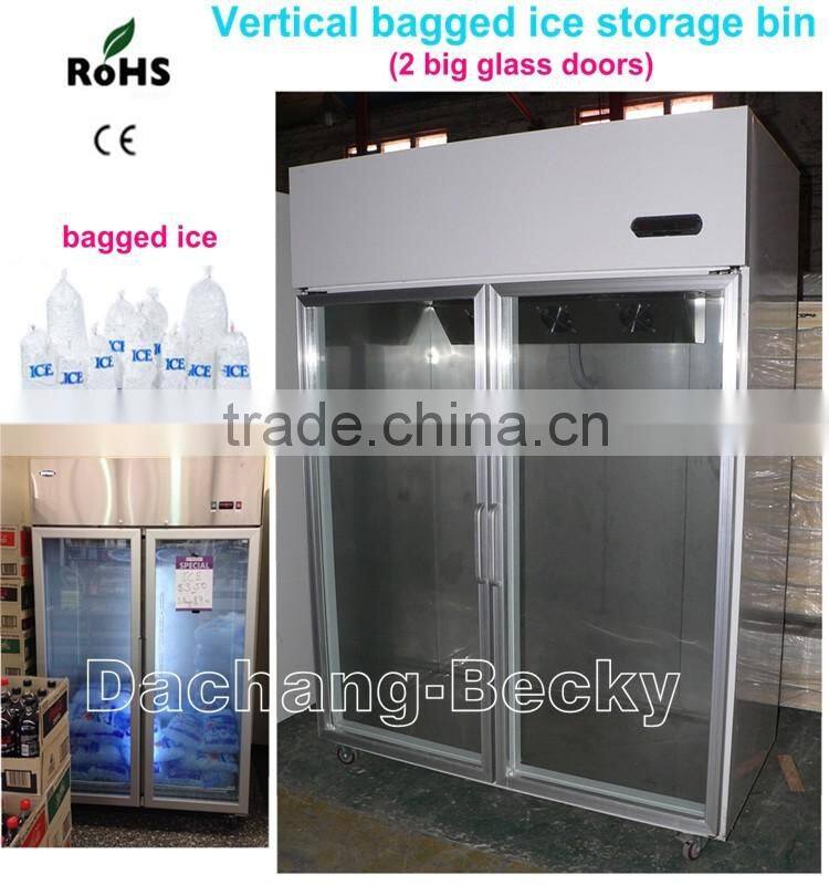 Upright ice merchandiser with 2-glass door bagged ice storage bin temp -12degree C