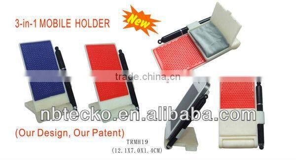 Multifunctional plastic mobile phone holder with touch pen and microfiber cloth