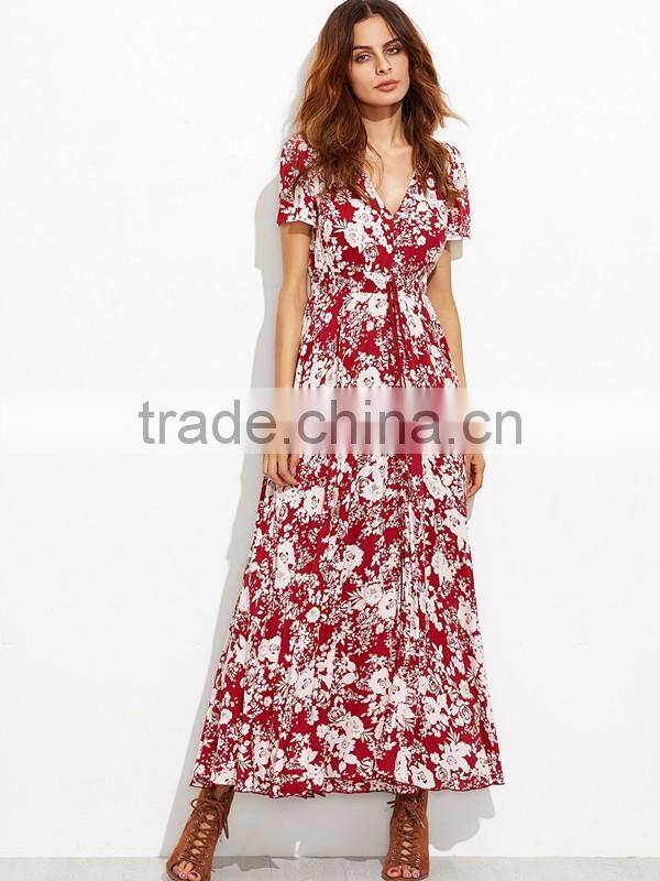Woman Fashion Short Sleeve Floral Print Button Down Long Maxi Dress