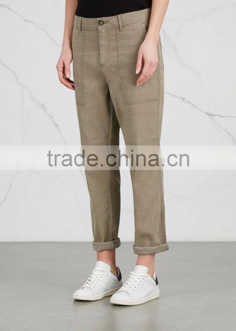 Wholesale Women Apparel Slant Pockets Latest Casual Cotton Trousers(DQE0346P)