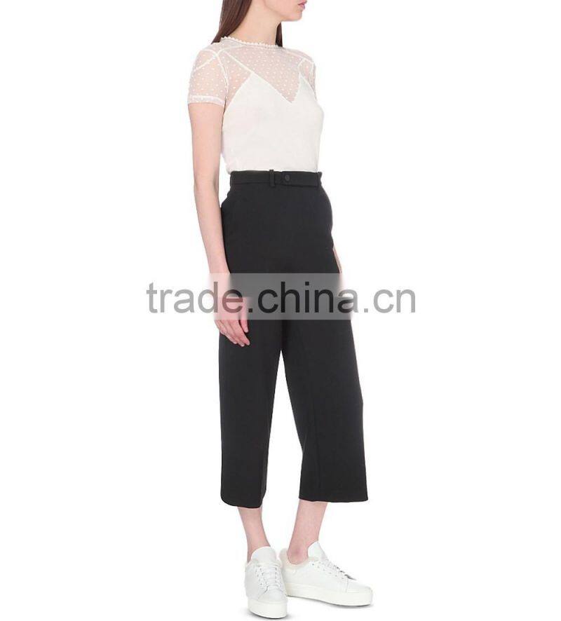 Wholesale Women Sexy Round Neck Short Sleeves Sheer Polka Dot Sleeves and Yoke Straight Hem Cotton Blend T-shirt(DQE0150T)