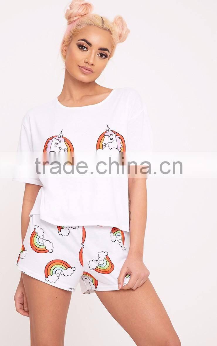 CFull Print Funny Design Women Pyjama Set Unicorn Rainbow White PJ Set Custom Design Ladies Pajama Set