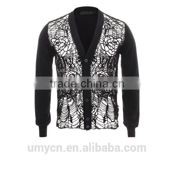 Men's new flower mesh knitted long sleeve cardigan