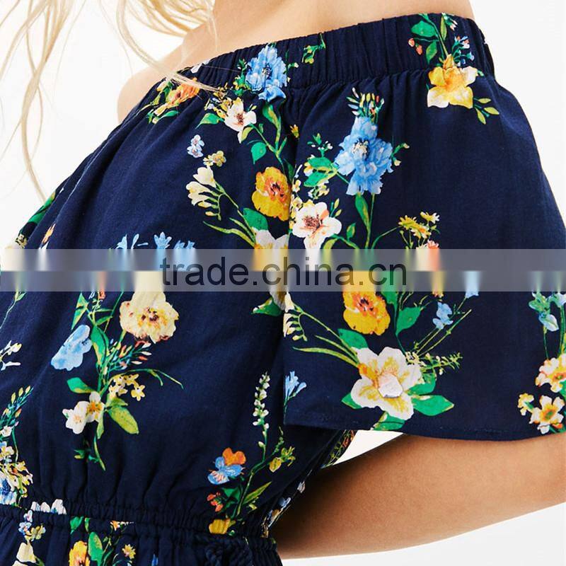 Best sell Thin Collect and high waist floral off-shoulder jumpsuit