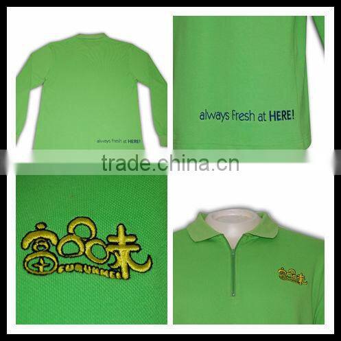 100% contton fashion green long sleeve zipper polo