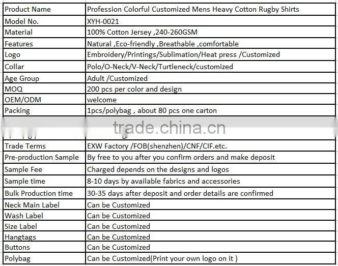Profession Colorful Customized Mens Heavy Cotton Rugby Shirts