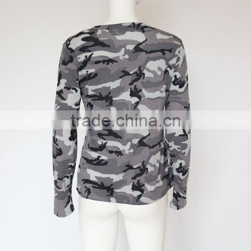 Women's hollow-out deep V-neck long sleeve camo t shirt