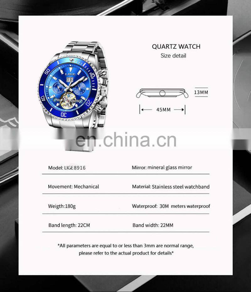 LIGE 8916 Business Watch Men Automatic Mechanical Tourbillon Luxury Fashion Stainless Steel Watches writs watches