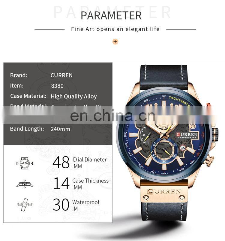 CURREN 8380 Top quality latest three eyes day date leather strap luminous analog quartz watch for men