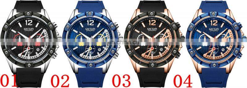 MEGIR 2083G Men's Fashion&Casual Watch Quartz Movement Leather Band Business Watch Auto Date 24-hours Hand Led Silicon Watch